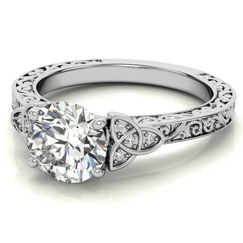 Scroll Design Round Celtic Knot Moissanite Engagement Ring