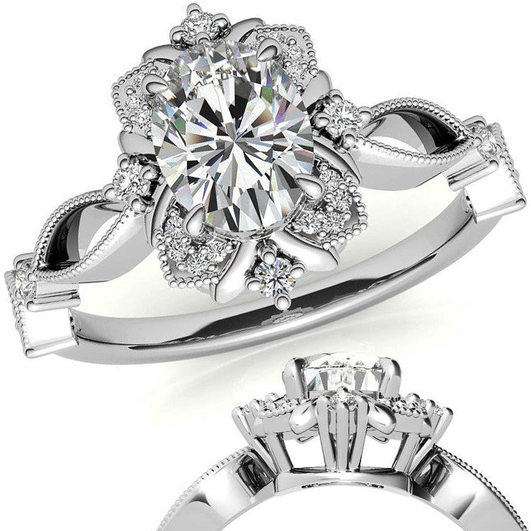 Split Shank Antique Oval Halo Moissanite Engagement Ring