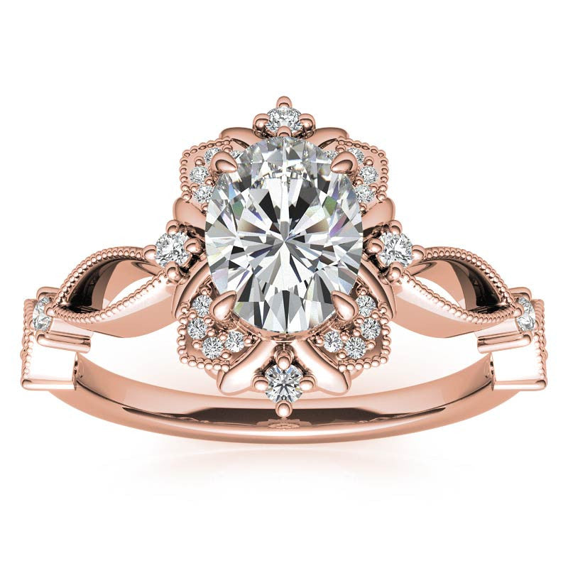Split Shank Antique Oval Halo Moissanite Engagement Ring