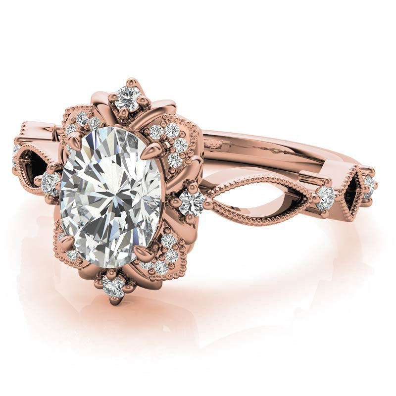 Split Shank Antique Oval Halo Moissanite Engagement Ring