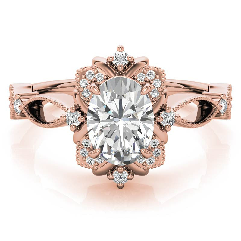 Split Shank Antique Oval Halo Moissanite Engagement Ring