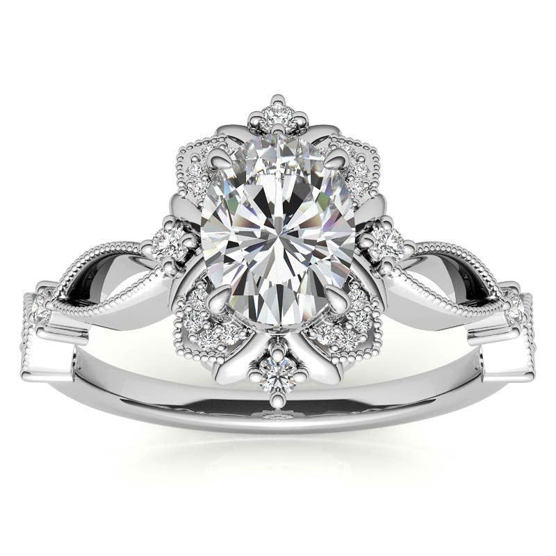 Split Shank Antique Oval Halo Moissanite Engagement Ring