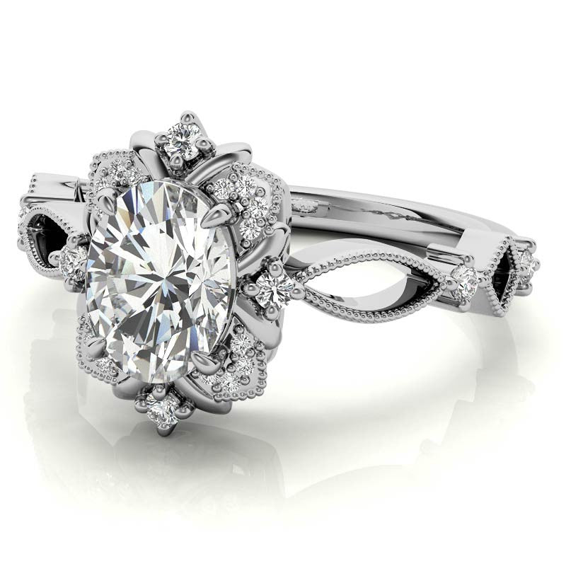 Split Shank Antique Oval Halo Moissanite Engagement Ring