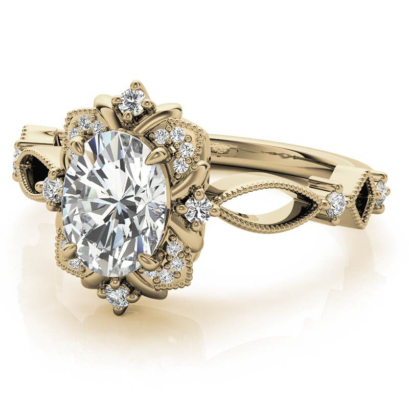 Split Shank Antique Oval Halo Moissanite Engagement Ring