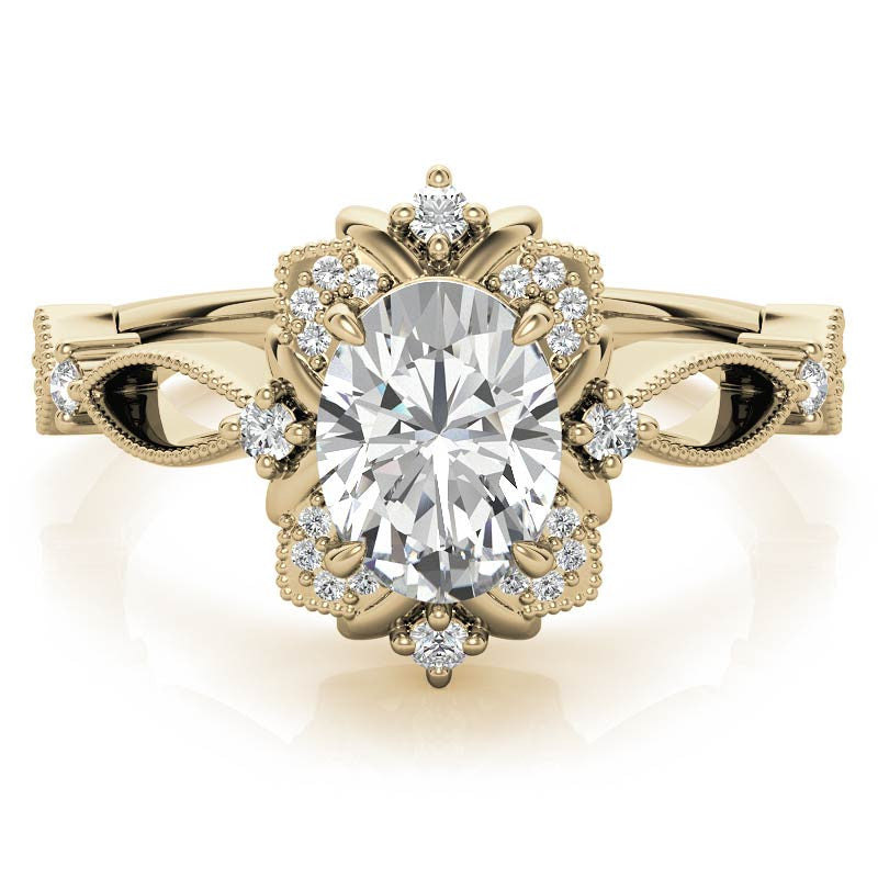 Split Shank Antique Oval Halo Moissanite Engagement Ring