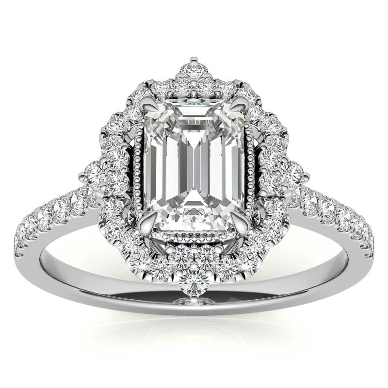 Emerald / Radiant Antique Halo Style Moissanite Engagement Ring