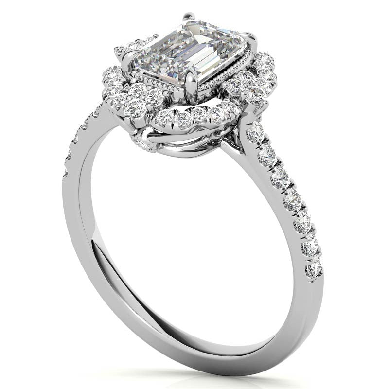 Emerald / Radiant Antique Halo Style Moissanite Engagement Ring