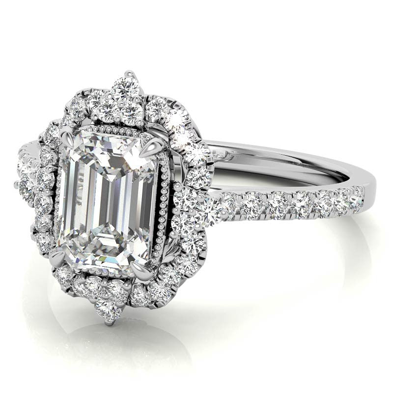 Emerald / Radiant Antique Halo Style Moissanite Engagement Ring