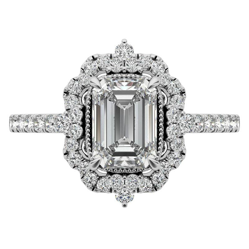 Emerald / Radiant Antique Halo Style Moissanite Engagement Ring