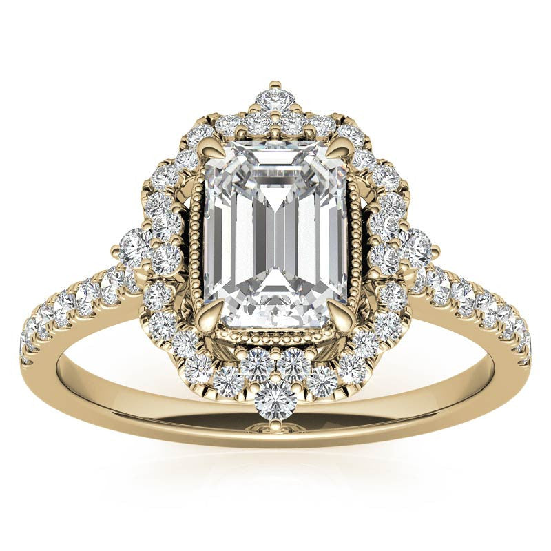 Emerald / Radiant Antique Halo Style Moissanite Engagement Ring