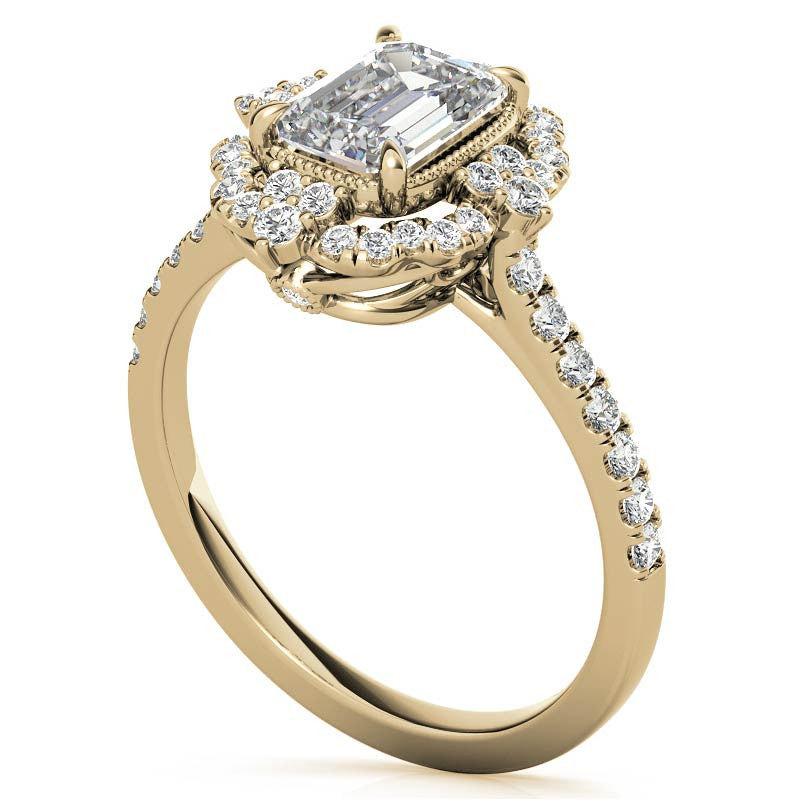 Emerald / Radiant Antique Halo Style Moissanite Engagement Ring