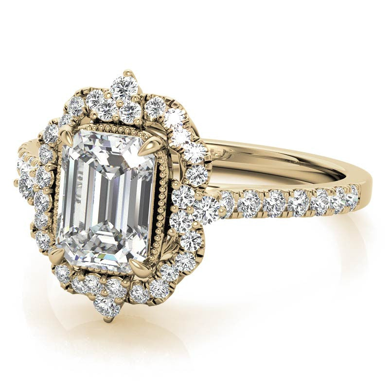 Emerald / Radiant Antique Halo Style Moissanite Engagement Ring