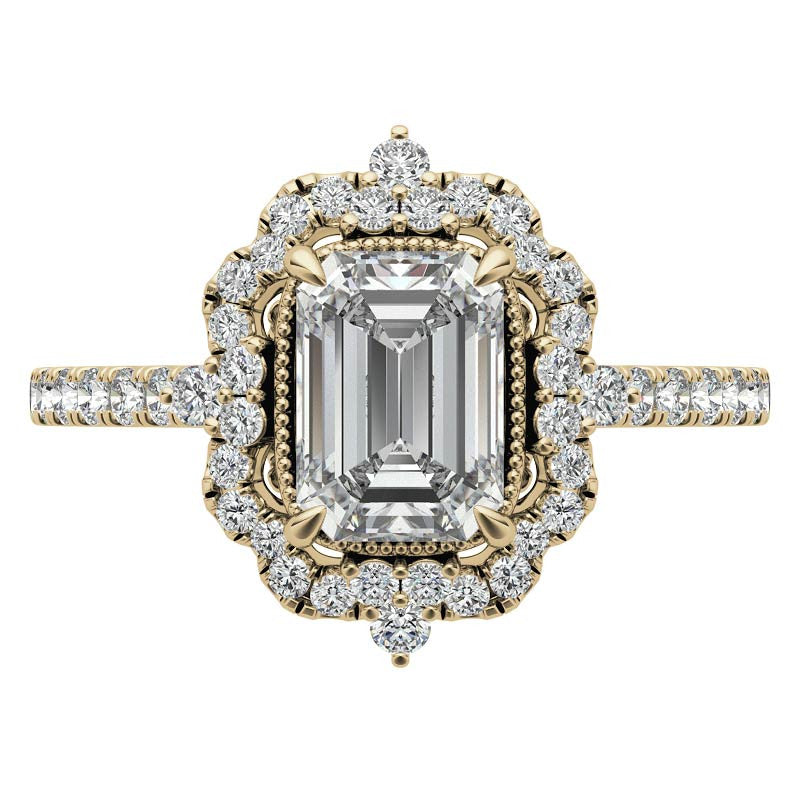 Emerald / Radiant Antique Halo Style Moissanite Engagement Ring