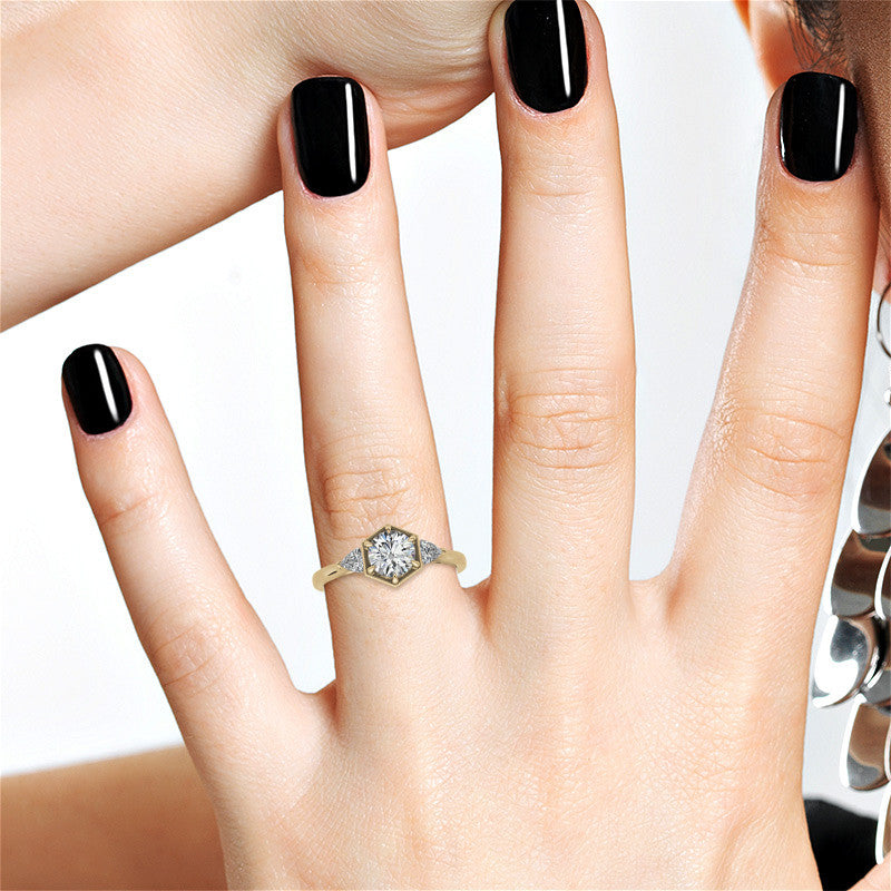 Round and Trillion Moissanite Hexagon Halo Engagement Ring