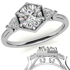 Round and Trillion Moissanite Hexagon Halo Engagement Ring