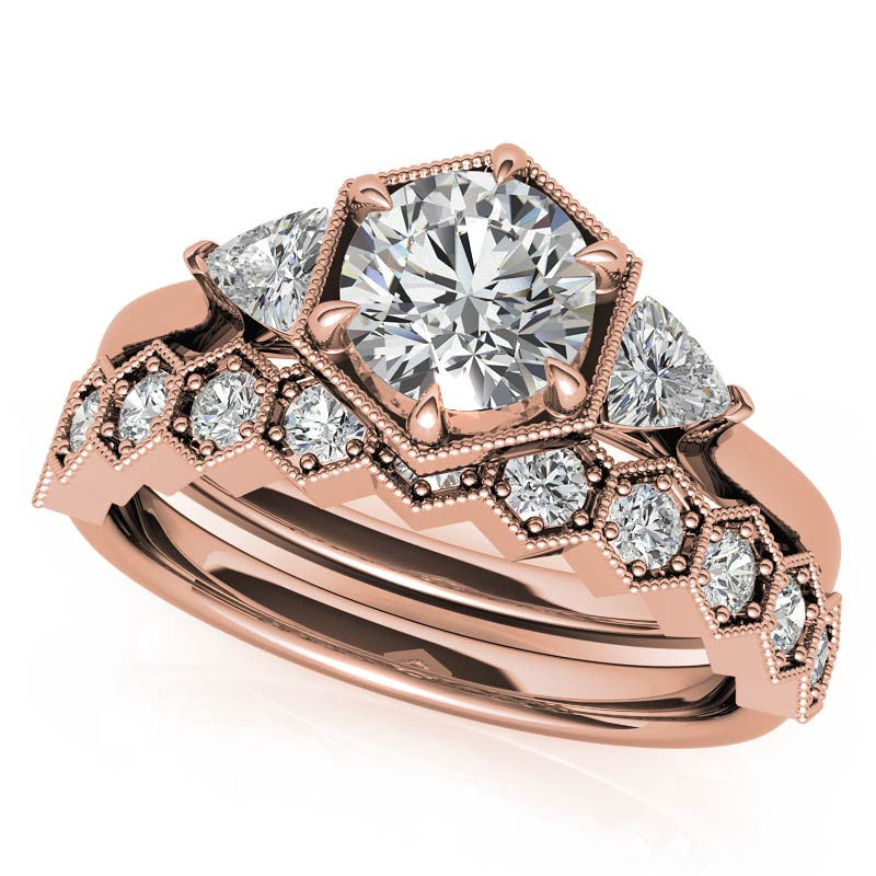 Round and Trillion Moissanite Hexagon Halo Engagement Ring