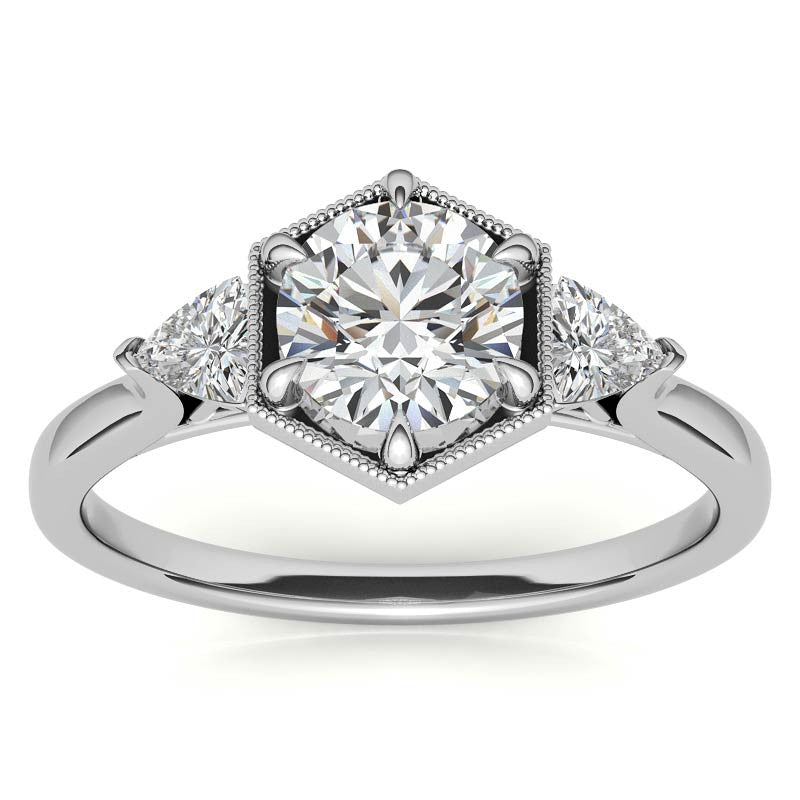 Round and Trillion Moissanite Hexagon Halo Engagement Ring