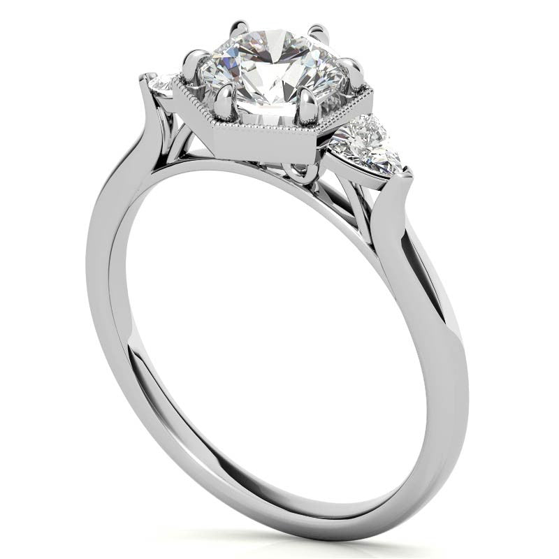 Round and Trillion Moissanite Hexagon Halo Engagement Ring