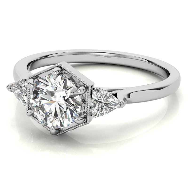 Round and Trillion Moissanite Hexagon Halo Engagement Ring