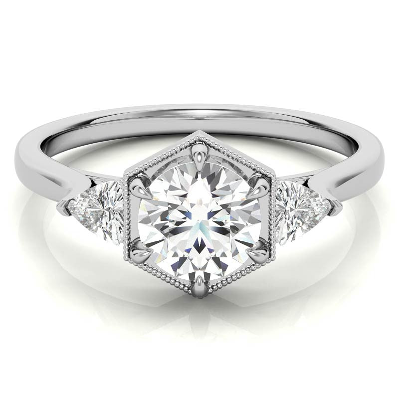 Round and Trillion Moissanite Hexagon Halo Engagement Ring