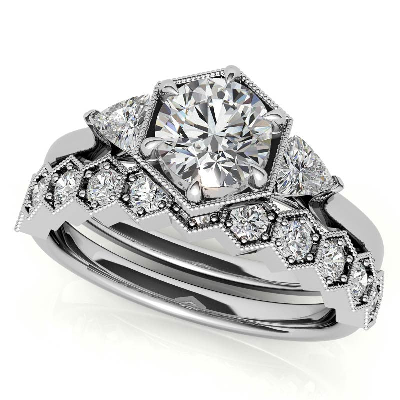 Round and Trillion Moissanite Hexagon Halo Engagement Ring