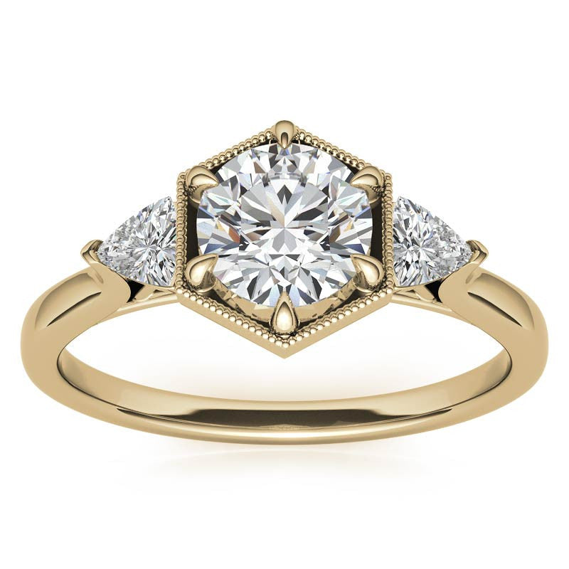 Round and Trillion Moissanite Hexagon Halo Engagement Ring