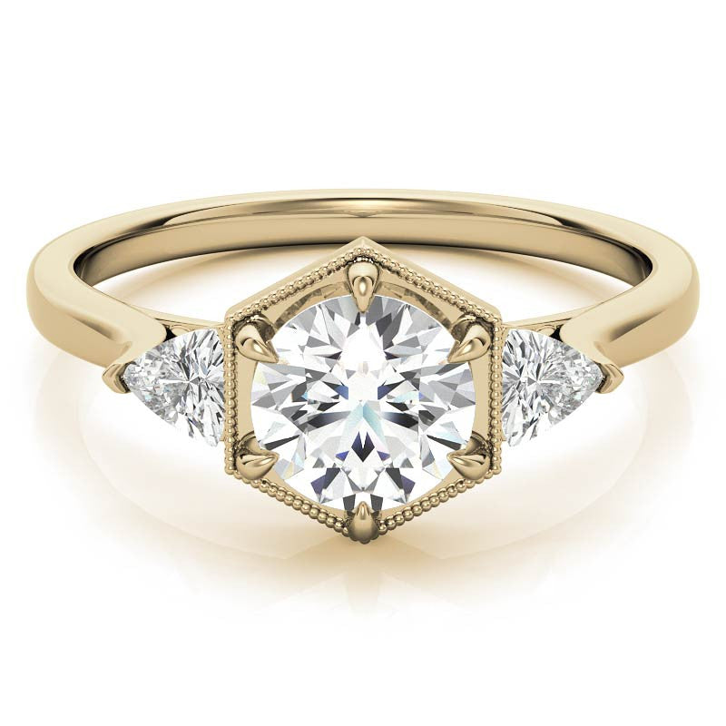 Round and Trillion Moissanite Hexagon Halo Engagement Ring