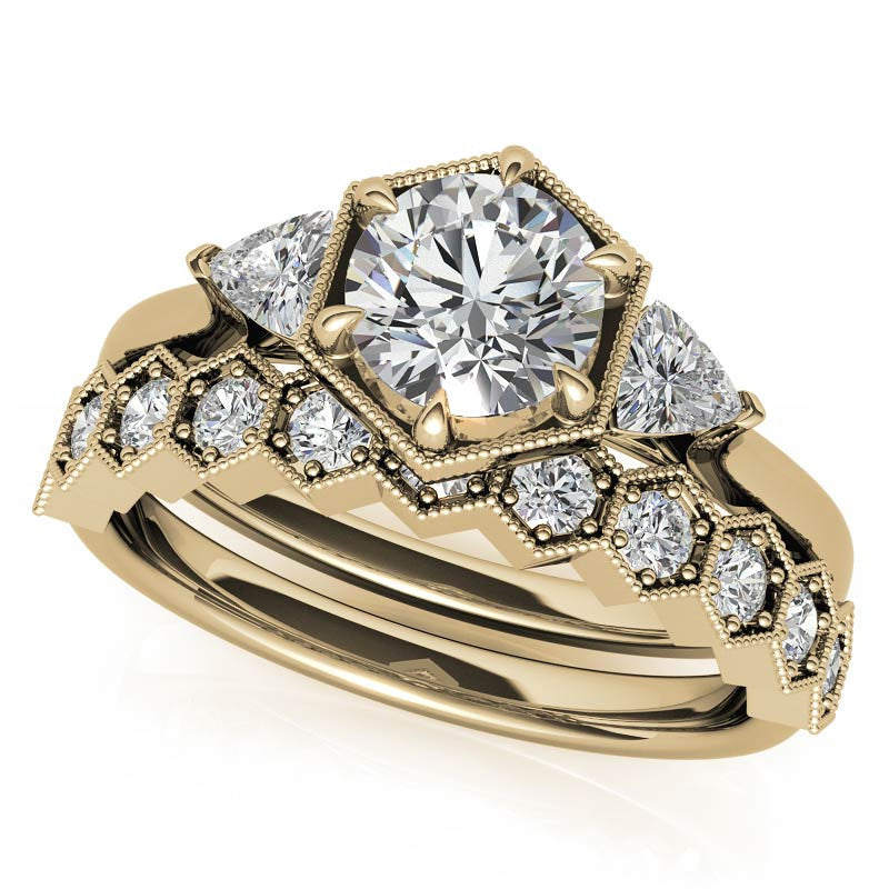 Round and Trillion Moissanite Hexagon Halo Engagement Ring