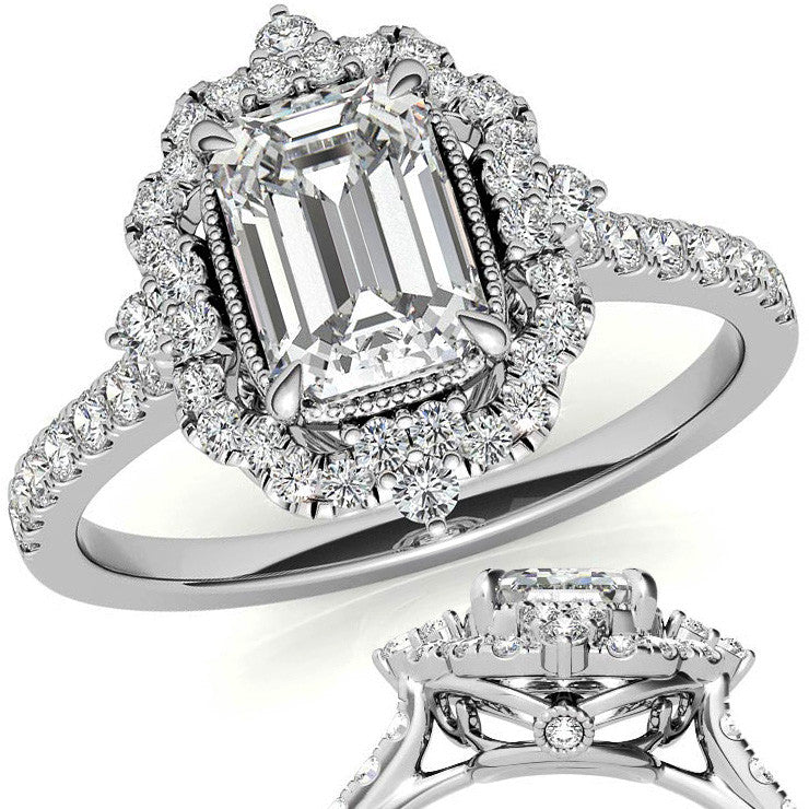 Emerald / Radiant Antique Halo Style Moissanite Engagement Ring