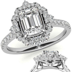 Emerald / Radiant Antique Halo Style Moissanite Engagement Ring