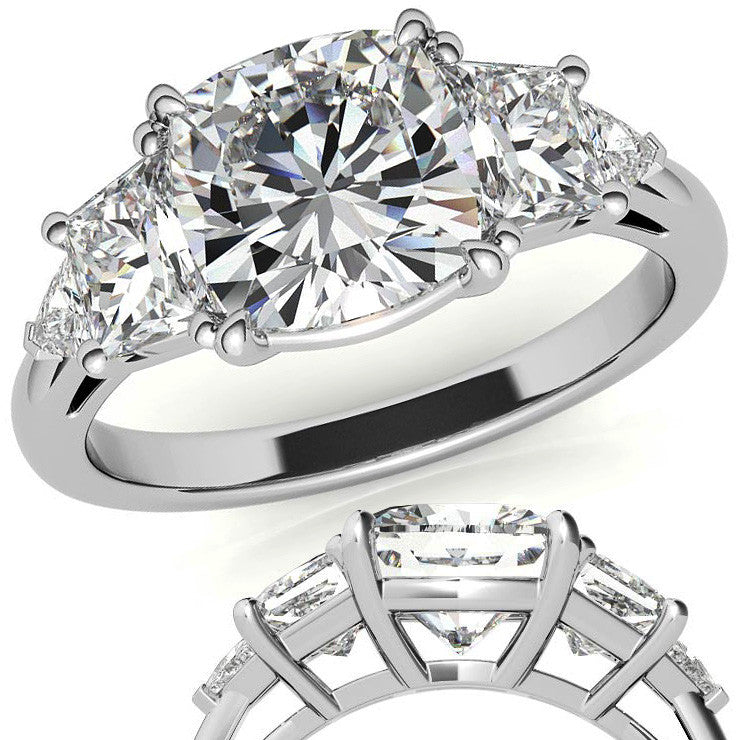 Cushion and Trapezoid Moissanite 3-Stone Engagement Ring