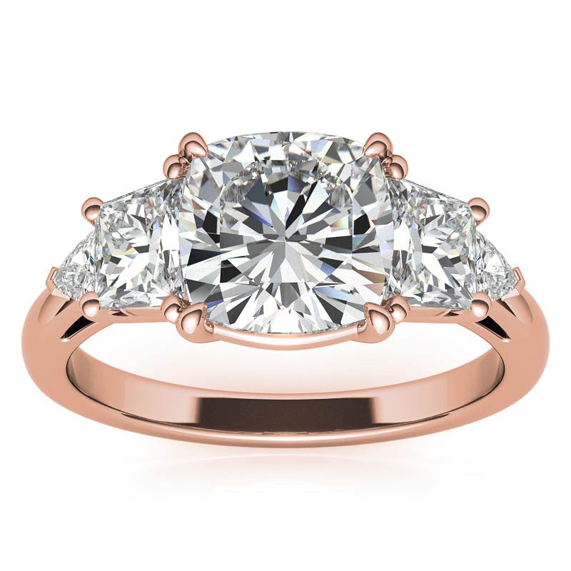 Cushion and Trapezoid Moissanite 3-Stone Engagement Ring