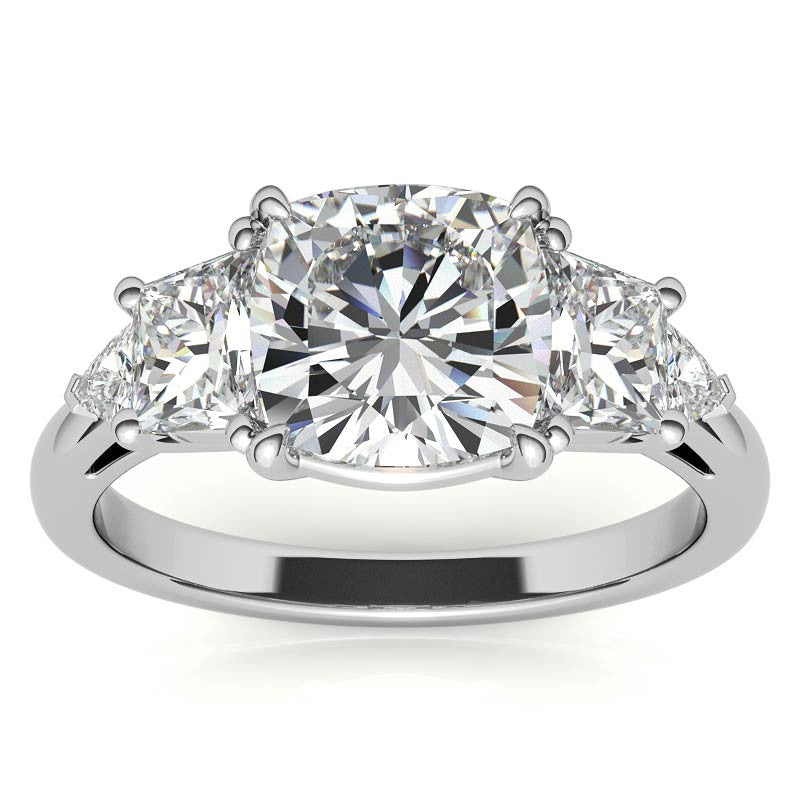 Cushion and Trapezoid Moissanite 3-Stone Engagement Ring
