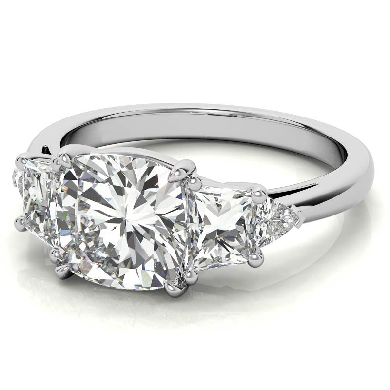 Cushion and Trapezoid Moissanite 3-Stone Engagement Ring