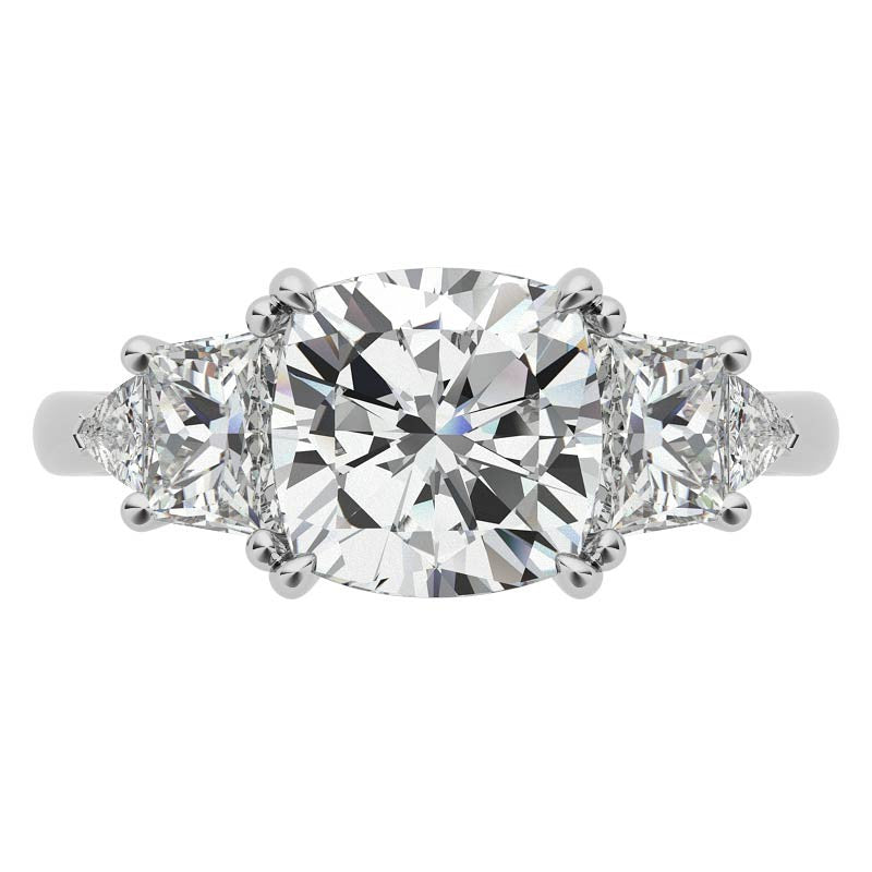 Cushion and Trapezoid Moissanite 3-Stone Engagement Ring