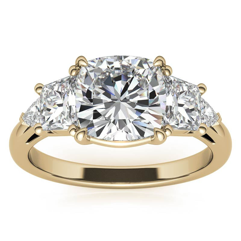 Cushion and Trapezoid Moissanite 3-Stone Engagement Ring