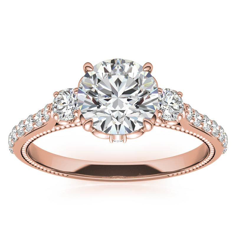 Round 3-Stone Scroll Design Moissanite Engagement Ring with Milgrain