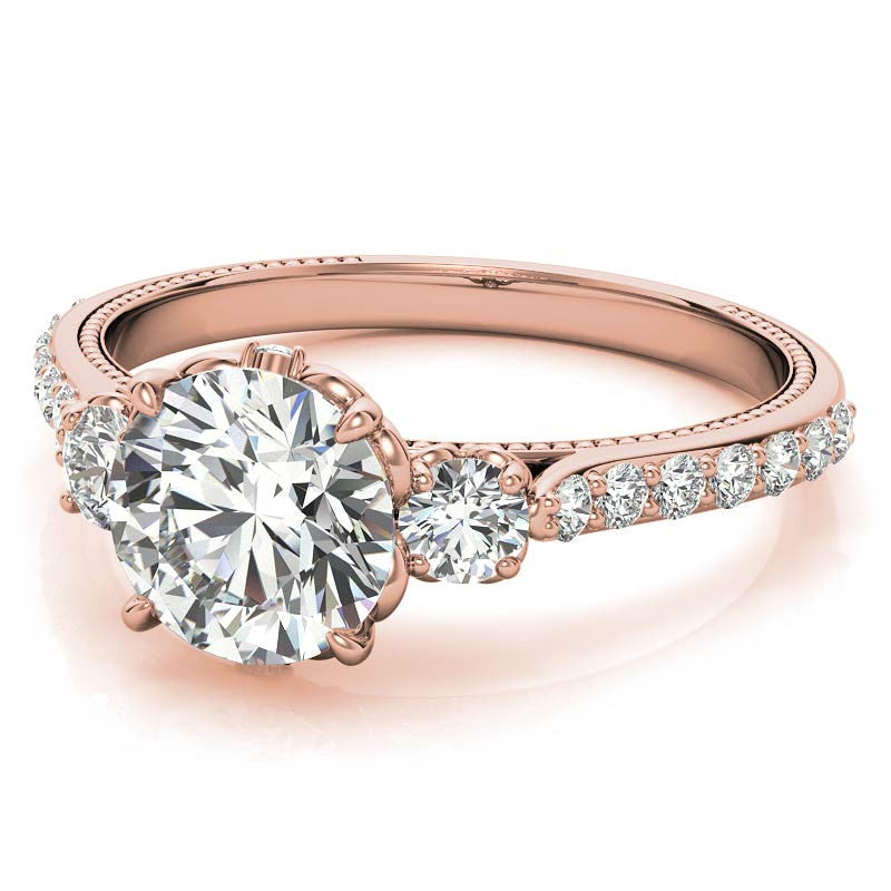 Round 3-Stone Scroll Design Moissanite Engagement Ring with Milgrain