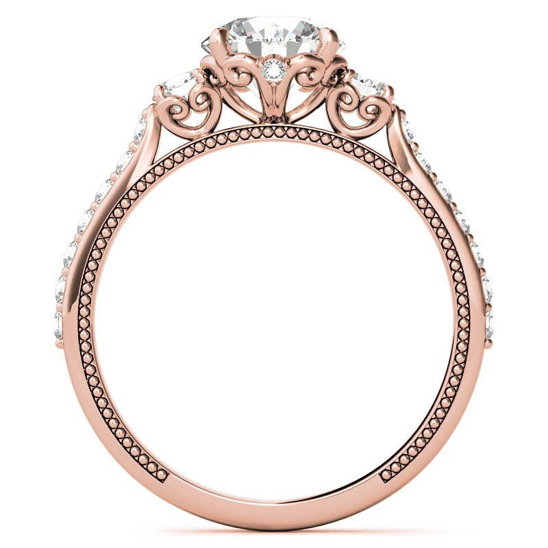Round 3-Stone Scroll Design Moissanite Engagement Ring with Milgrain