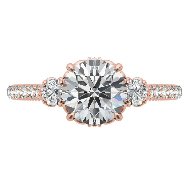 Round 3-Stone Scroll Design Moissanite Engagement Ring with Milgrain