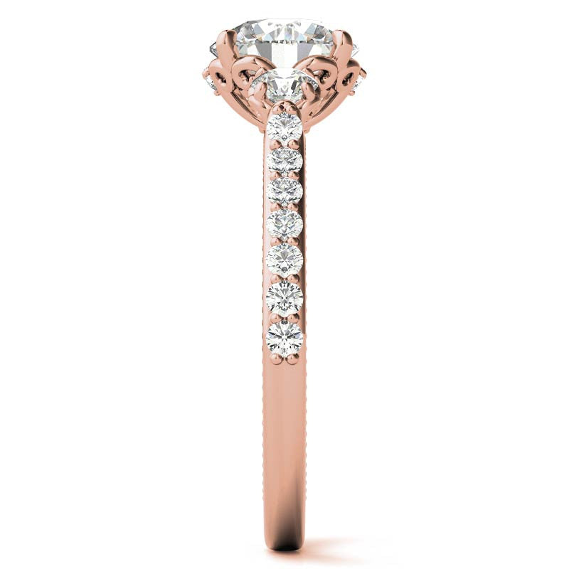 Round 3-Stone Scroll Design Moissanite Engagement Ring with Milgrain