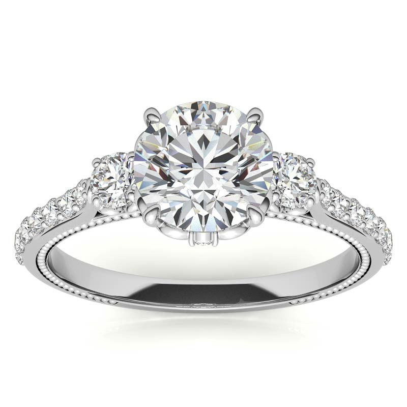 Round 3-Stone Scroll Design Moissanite Engagement Ring with Milgrain