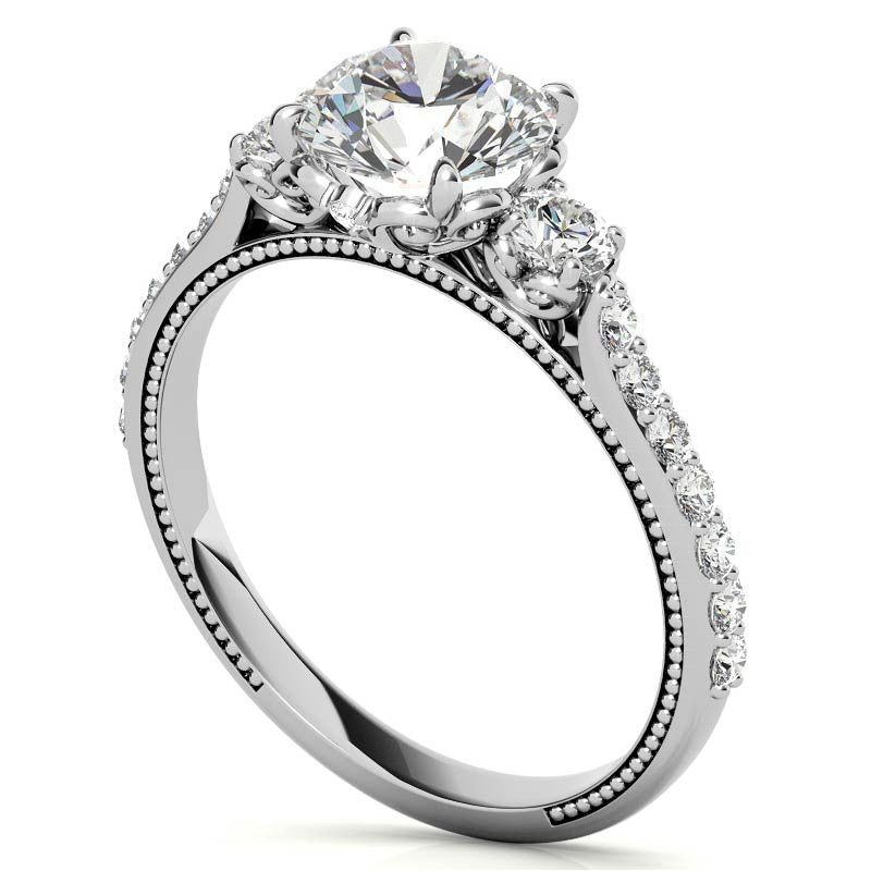 Round 3-Stone Scroll Design Moissanite Engagement Ring with Milgrain