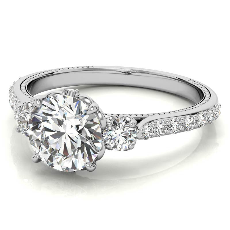 Round 3-Stone Scroll Design Moissanite Engagement Ring with Milgrain