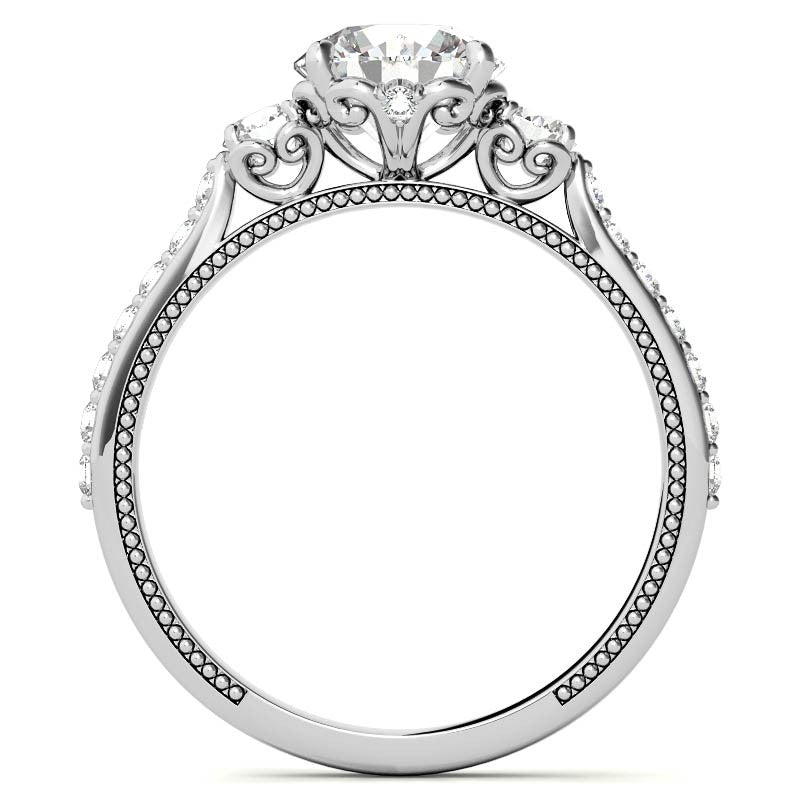Round 3-Stone Scroll Design Moissanite Engagement Ring with Milgrain