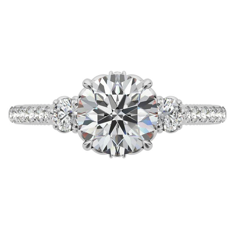 Round 3-Stone Scroll Design Moissanite Engagement Ring with Milgrain