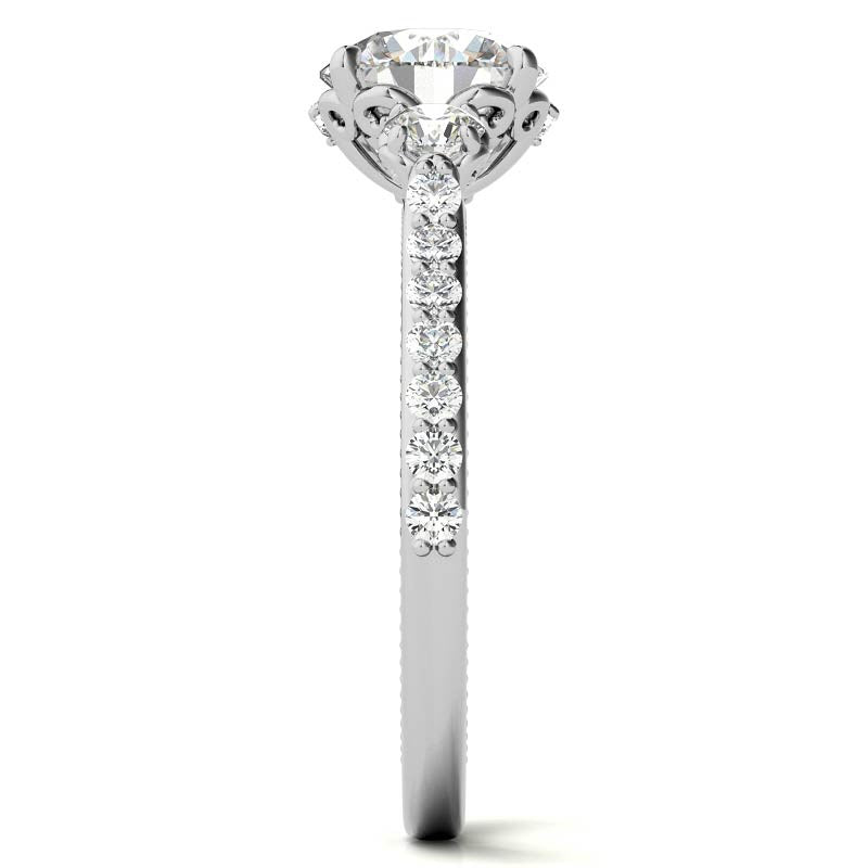 Round 3-Stone Scroll Design Moissanite Engagement Ring with Milgrain