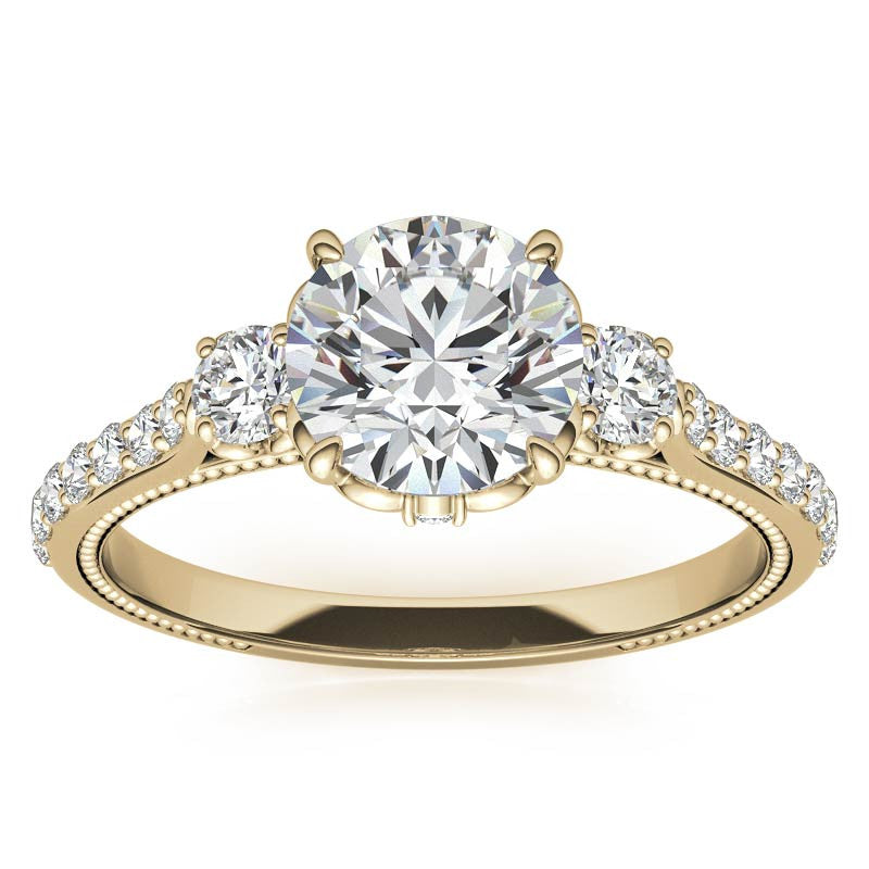 Round 3-Stone Scroll Design Moissanite Engagement Ring with Milgrain
