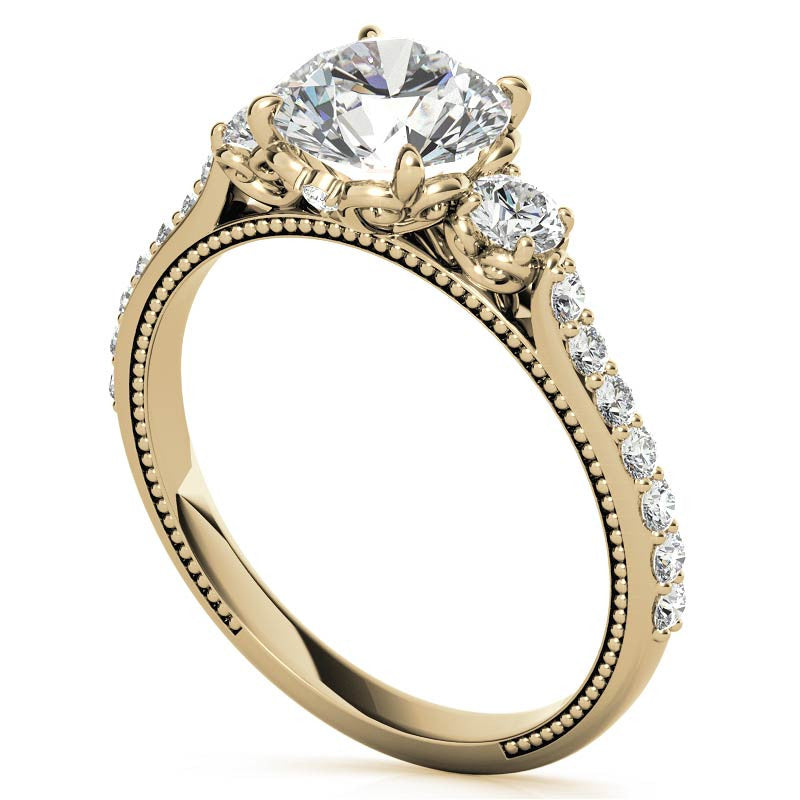 Round 3-Stone Scroll Design Moissanite Engagement Ring with Milgrain