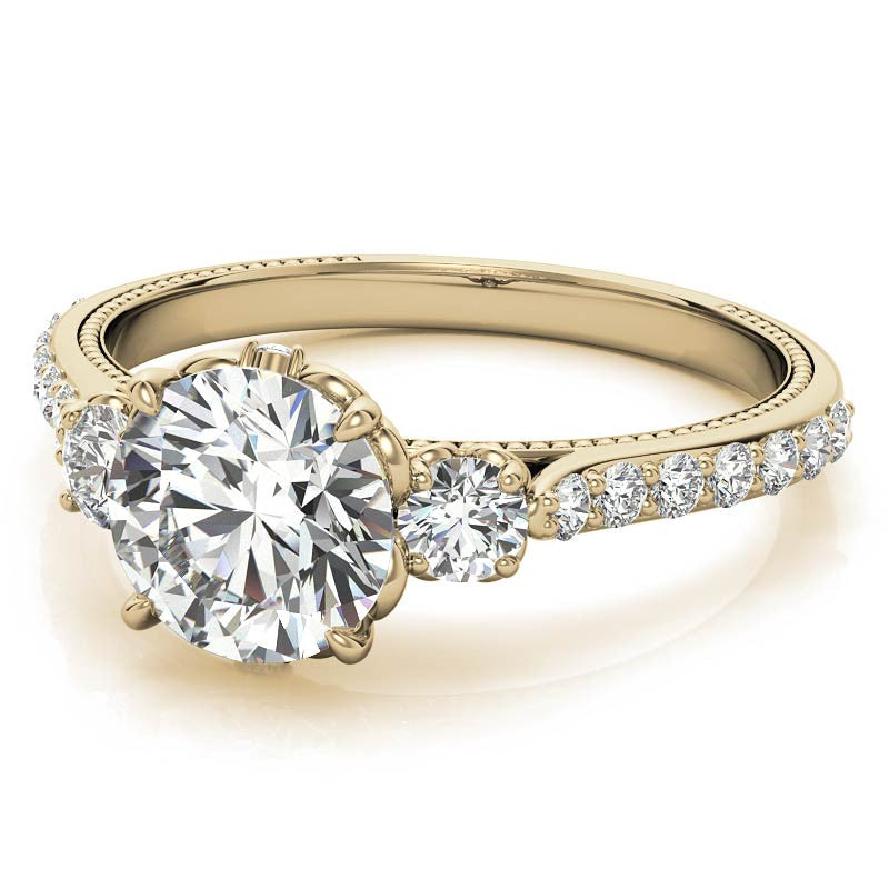 Round 3-Stone Scroll Design Moissanite Engagement Ring with Milgrain